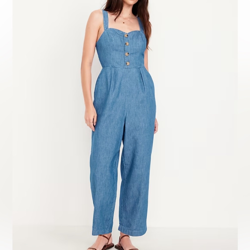 Old Navy Sleeveless Blue Denim Jumpsuit with Button Front